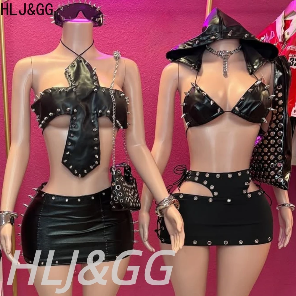 

HLJ &GG черный сексуальный кожаный полый комплект из двух предметов в стиле панк, женский укороченный топ без рукавов с капюшоном и открытой спиной + мини-юбки, наряд Y2K, уличная одежда