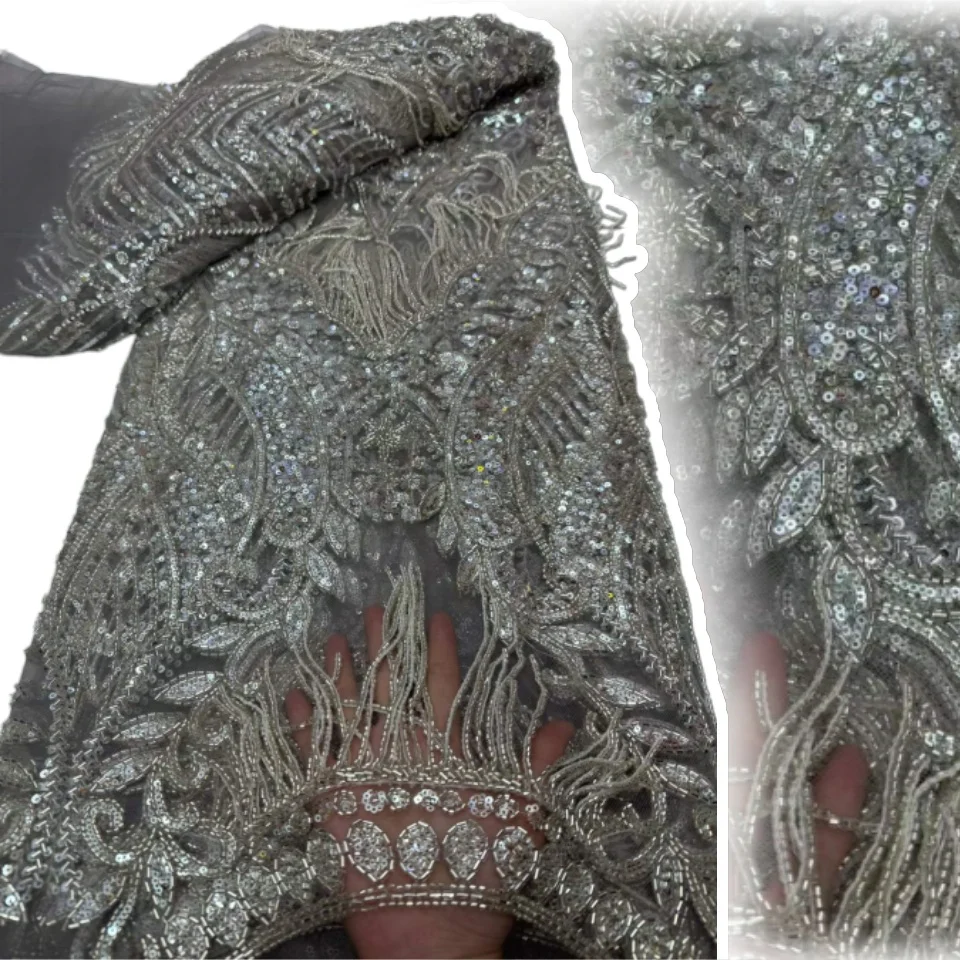 

Luxury Nigerian Groom Embroidery Beaded Lace Fabric 2026 High Quality African Sequins Lace For Women Evening Dress Sewing 2609