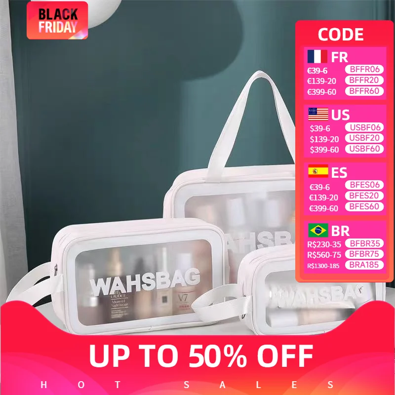 Bolsa de maquiagem para viagem feminina, grande capacidade, transparente, bolsa impermeável