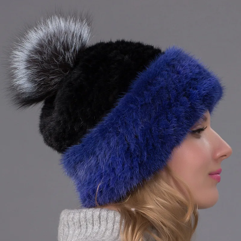 

Mink Fur High-Quality Fur Woven Hat for Women Versatile Fox Fur Knitted Hat Thickened Mink Fur Ear Protection Hat