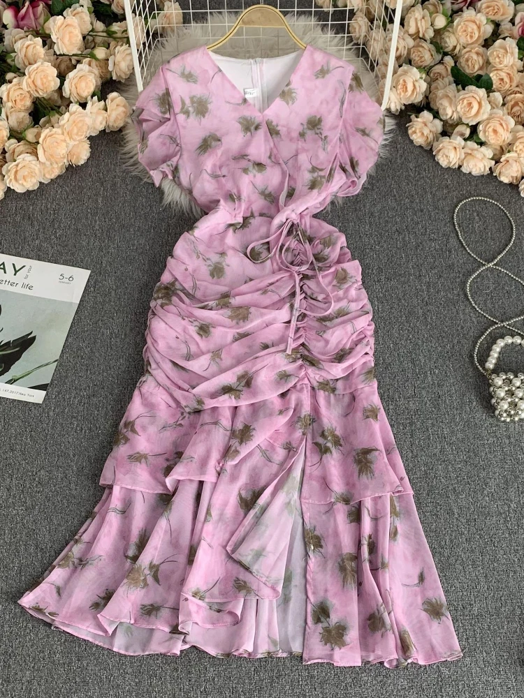 Summer Chiffon Dresses for Women V Neck Print Heart Machine Slim  Fishtail Dress Hot Women Clothing