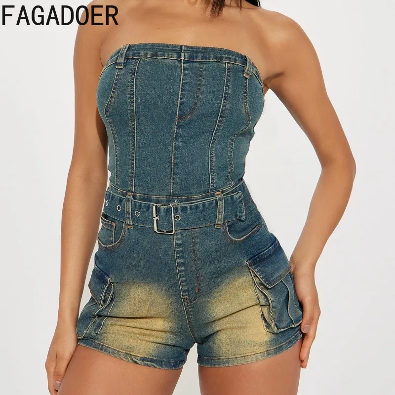 FAGADOER Retro Fashion Denim Bodycon Jumpsuit Women Sleeveless Backless Elasticity Washing Water Romper Female Overalls Summer