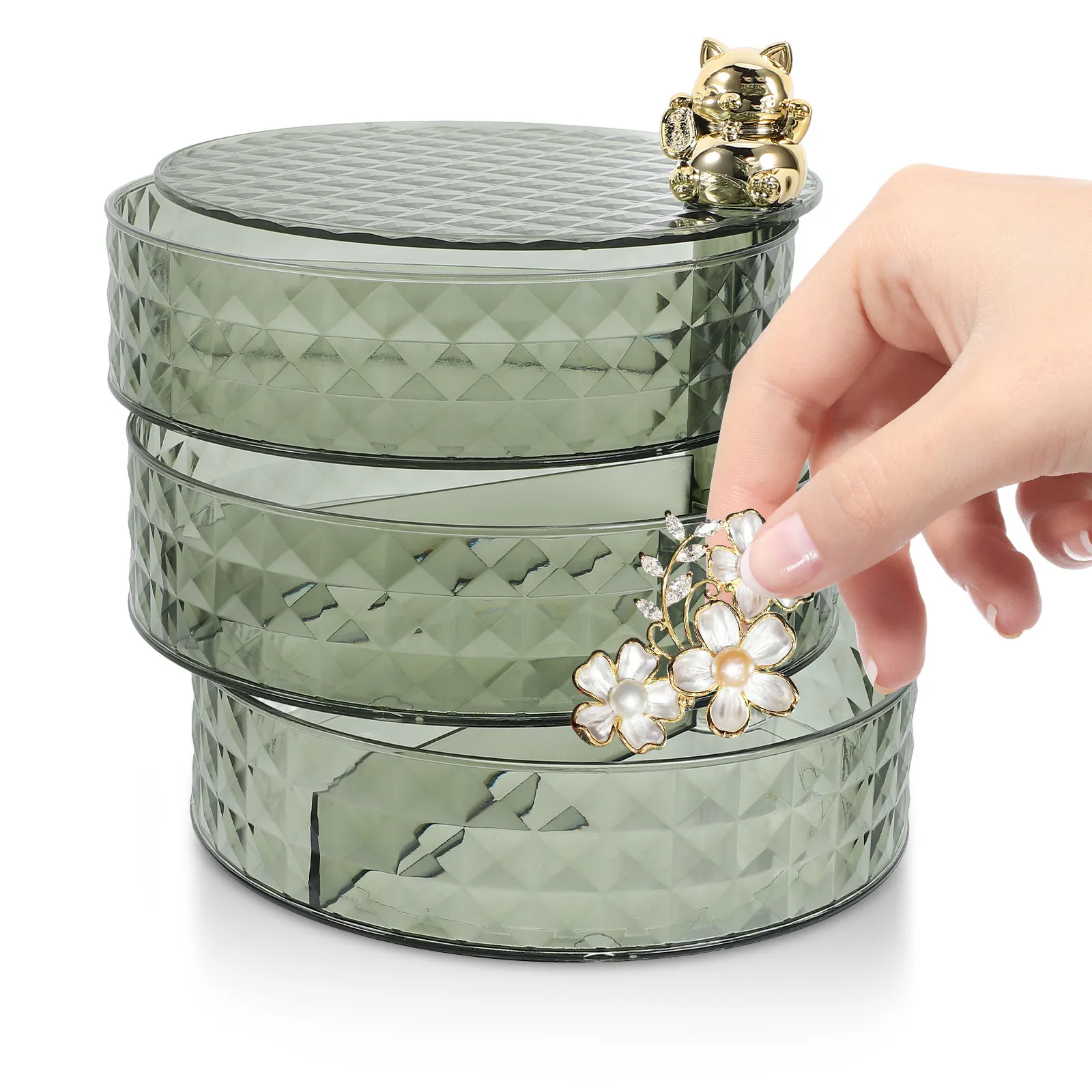 

Трехслойная вращающаяся шкатулка для украшений, многосекционный органайзер для хранения серег, ожерелий, браслетов, держатель для мелочей, настольный органайзер.