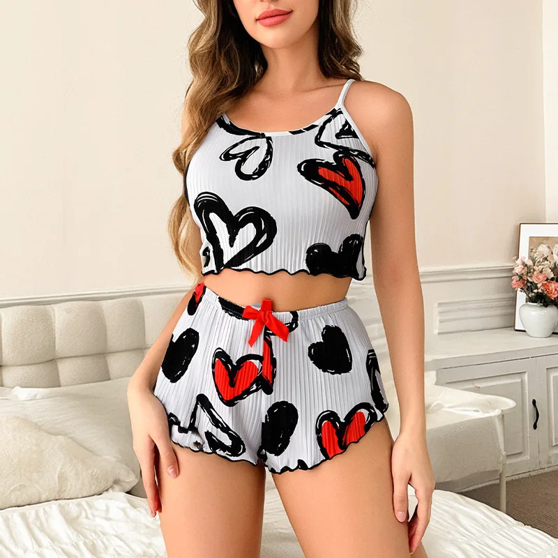 

2025 Summer Ice Silk Camisole Set Women Non-Slip Seamless Sleeveless Pajamas 2PC Breathable Shorts Home Office Loungewear