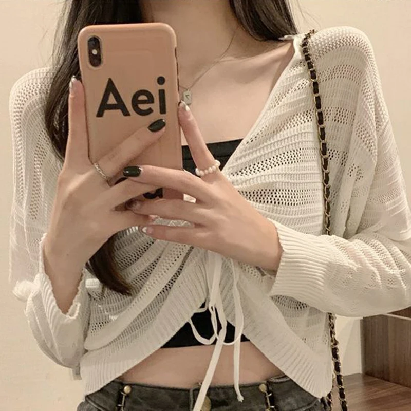 Gidyq Pink Hollow Out Cardigan Women Sweet Kawaii Slim Ladies Shirt Solid All Match Drawstring V Neck Female Top Summer New