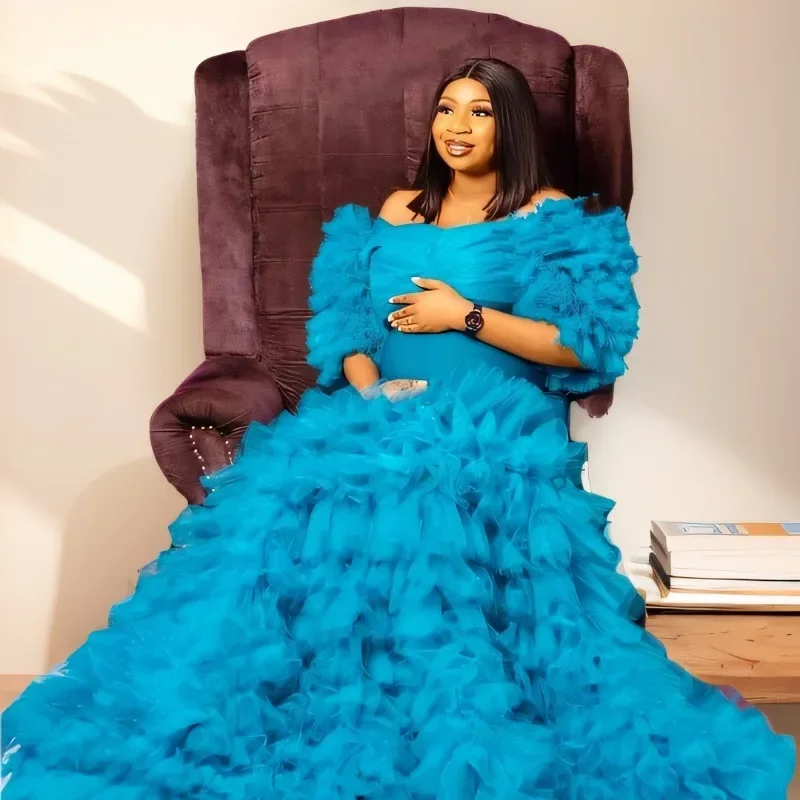 Blue Maternity Photoshoot Dress Tulle Prom Dresses Women Sweetheart Baby Shower Gown Ruffled vestido de novia