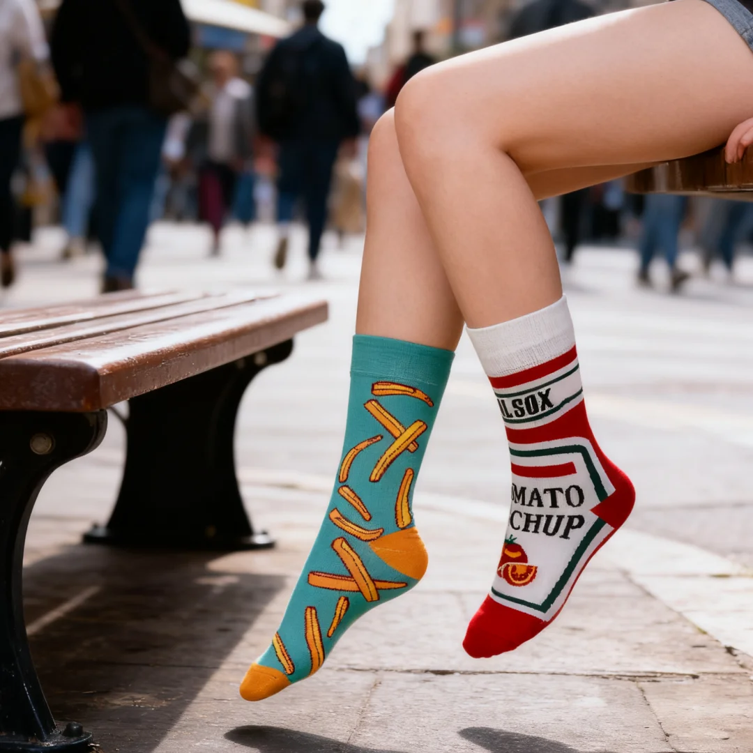 1 Pair of Fashionable Creative Women's Mid-Calf Socks, Tomato Fries Asymmetric Pattern, Street Style Outfit