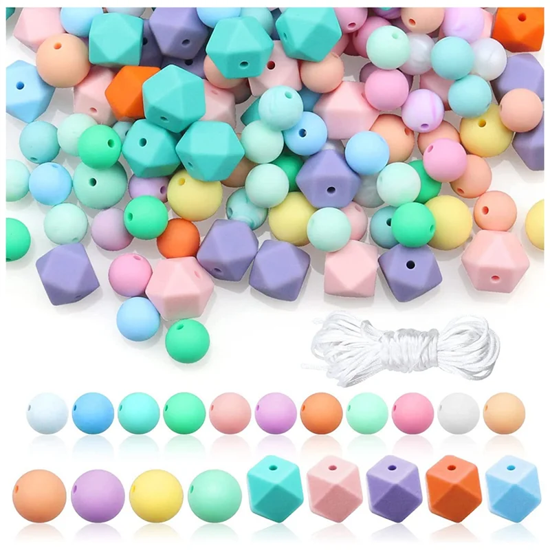 Silicone Beads, Silicone Loose Beads for Keychain Making Round Rubber Beads Polygonal for DIY Necklace Bracelet Jewelry