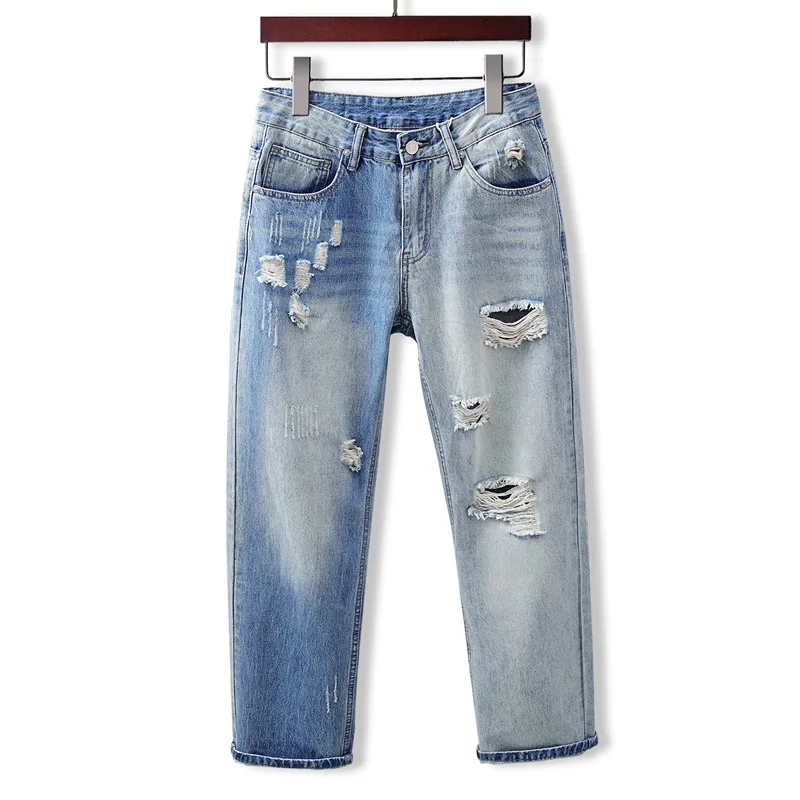 سراويل جينز ممزقة بأرجل واسعة من علامة تجارية أمريكية عالية الجودة للرجال بأنبوب مستقيم فضفاض بألوان متباينة