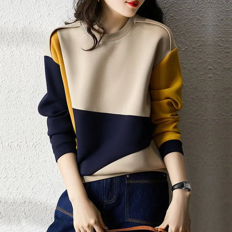 

Female Round Neck Long Sleeve Pullovers Contrasting Colors Casual Patchwork Spring Autumn Fashion All-match Loose Sweatshirts