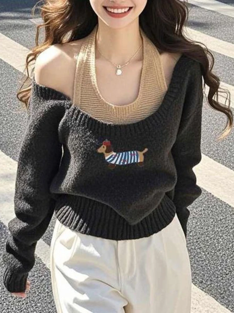 

American Vintage Pullover Halter Off Shoulder Patchwork Fake Two Piece Sweater Y2k Harajuku Aesthetics Spicy Girl Women Clothing