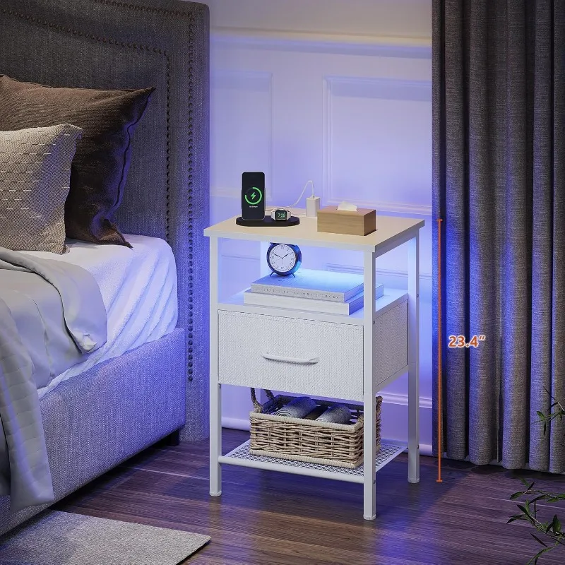 Night Stand, End Table with Charging Station, LED Bedside Table with Fabric Drawer for Bedroom,Side Table with Open Shelf