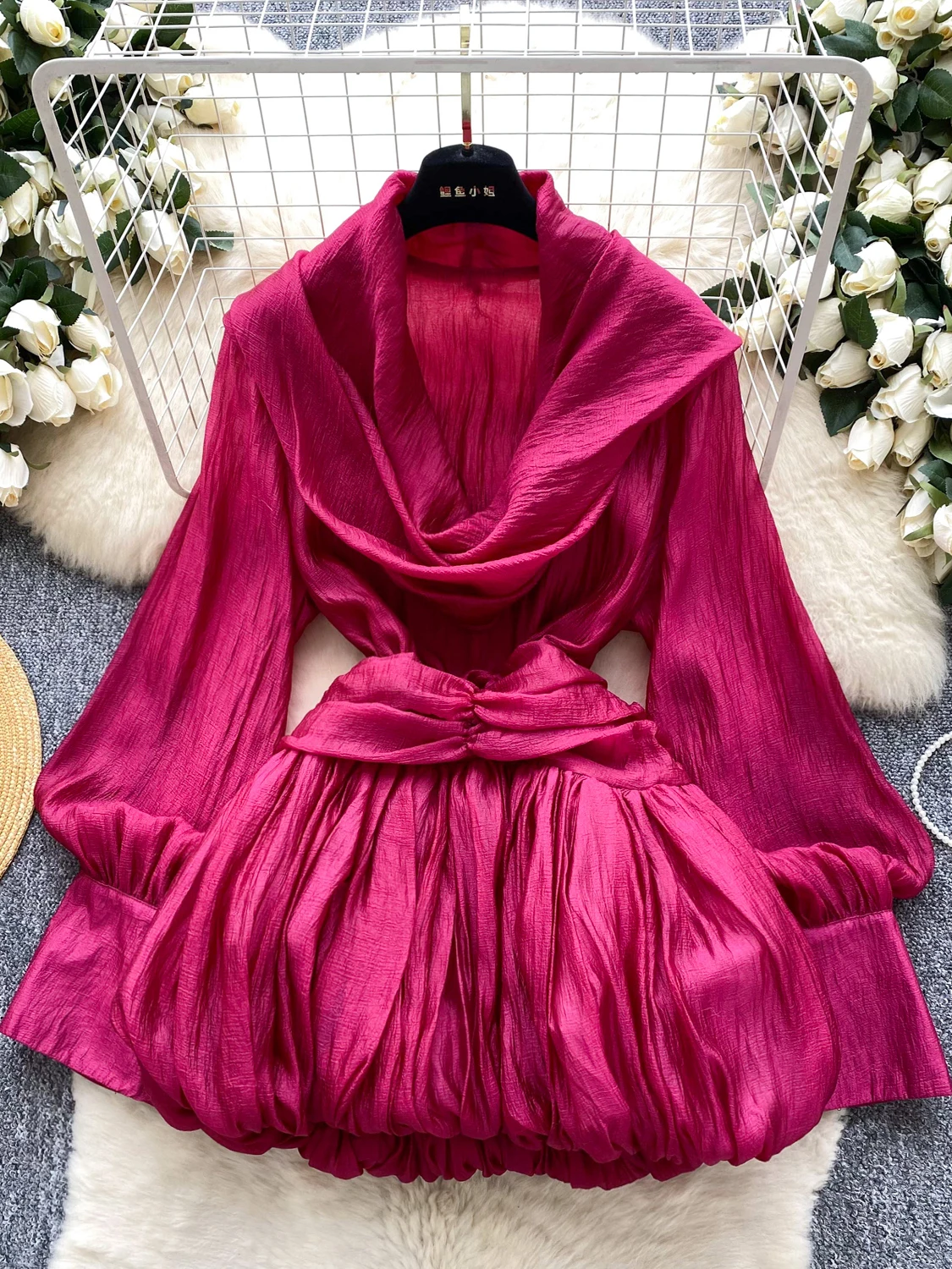 

Женское весенне-осеннее атмосферное платье с шарфом и воротником с длинным рукавом, европейские пышные короткие мини-платья с бутоном цветка, женские DS249