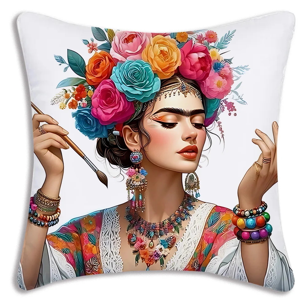 Kissenbezüge Art F-Frida K-Kahlo Cartoon Sofa Dekorativ Zuhause Doppelseitiger Druck Kurzer Plüsch Niedlicher Kissenbezug