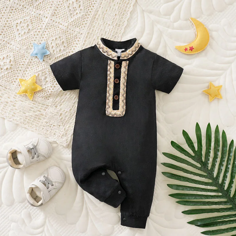 macacao-de-bebe-estilo-Etnico-preto-em-algodao-com-estampa-tradicional-para-recem-nascidos-macacao-de-verao-de-manga-curta-tricotado