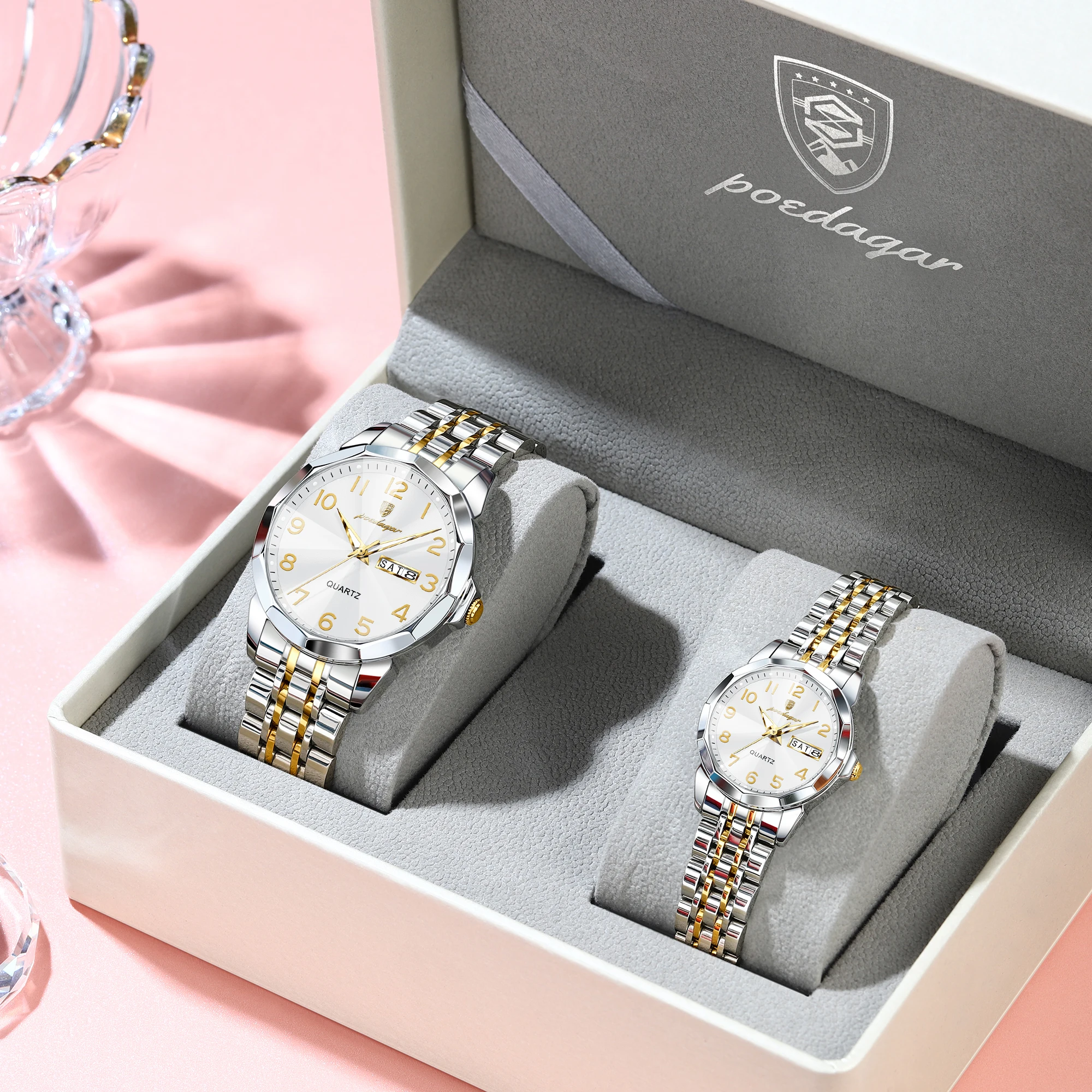 POEDAGAR Fashion Couple Watch Waterproof Date Week Business Couple's Watches Stainless Steel Quartz Watches For Couple Gift Box