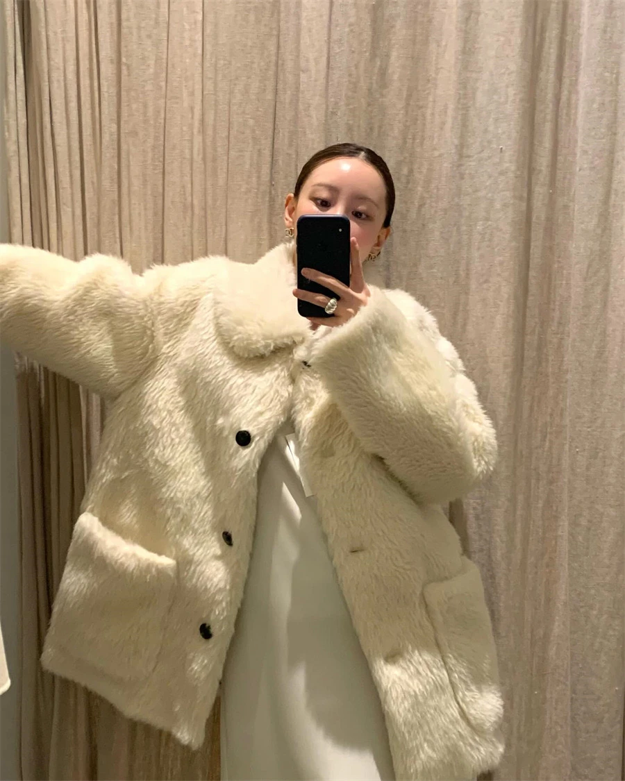 جاكيت فرو سميك كبير الحجم للشتاء من بريون، تصميم فضفاض كاجوال، مزيج من البوليستر والصوف، أكمام طويلة، ياقة بولو، مقاس عادي #2