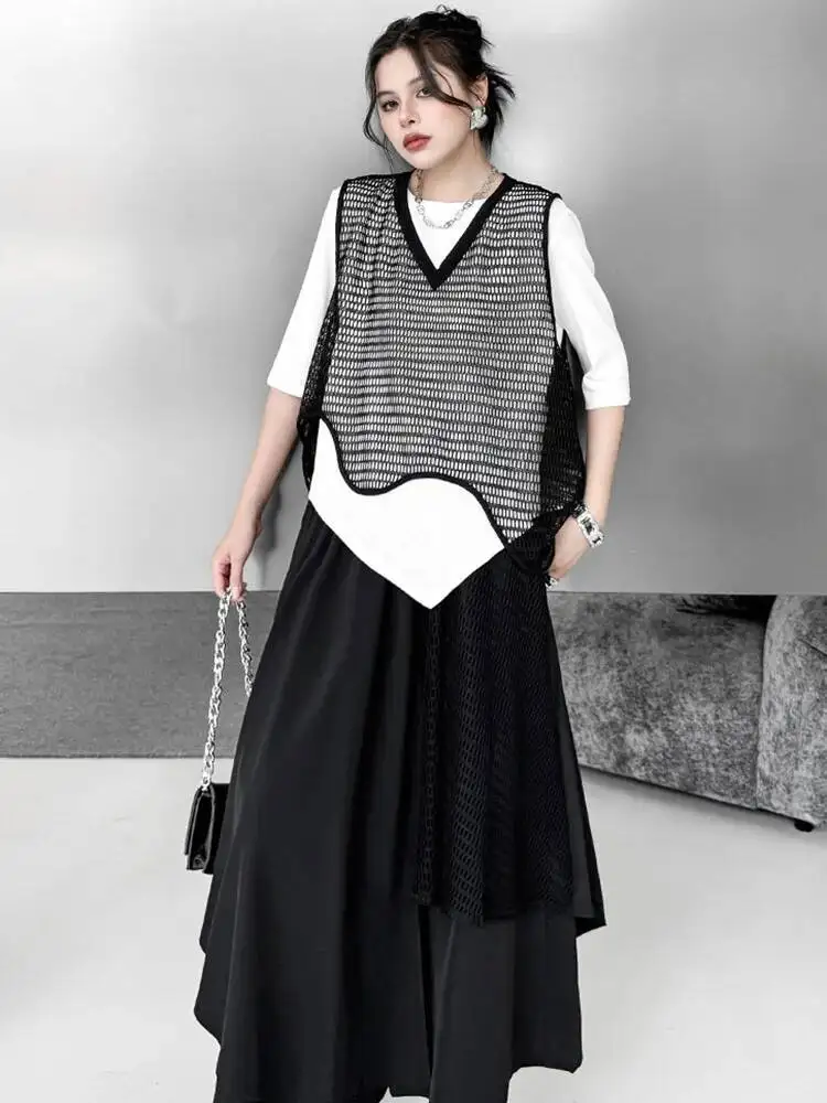 

Black Grid Big Size Vest Wide Leg Pants Two Piece Suit New V-Neck Sleeve Women Fashion Tide Spring Autumn