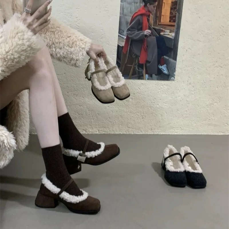 

French Velvet Thick High Heel One-button Mary Jane Women's Shoes for Autumn and Winter, Beautiful High-end Warm Single Shoes