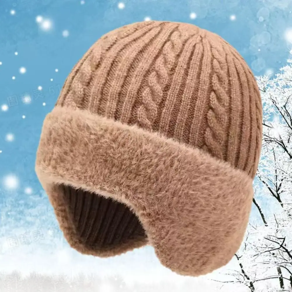 Versatile Thickened Warm Knitted Hat Double Layers Fur Lined Beanie With Earmuffs Coldproof Outdoor Warm Hat for Autumn Winter view 3