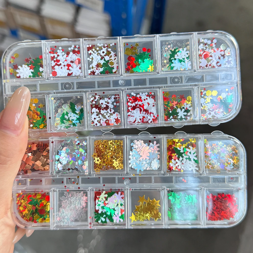 12 شبكة احتفالية عيد الميلاد مسمار بريق الترتر مختلط مسدس ستار ندفة الثلج شجرة عيد الميلاد دائرة هولو رقائق الأظافر عيد الميلاد شىء صغير براق #5
