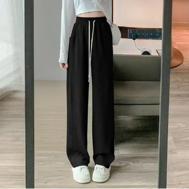 Women Autumn Loose Grey Sport Pant Large Size High Waist Straight Casual Wide Leg Sweatpants Drawstring Running Dance Trousers