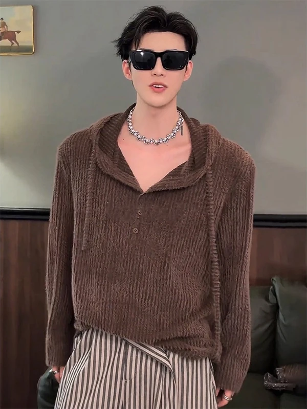 

Coffe Brown Soft Draped Knitted Hoodie Men Autumn Lazy Sle Loose Casual Sweater Inner Wear Outerwear Comfortable Long Sve