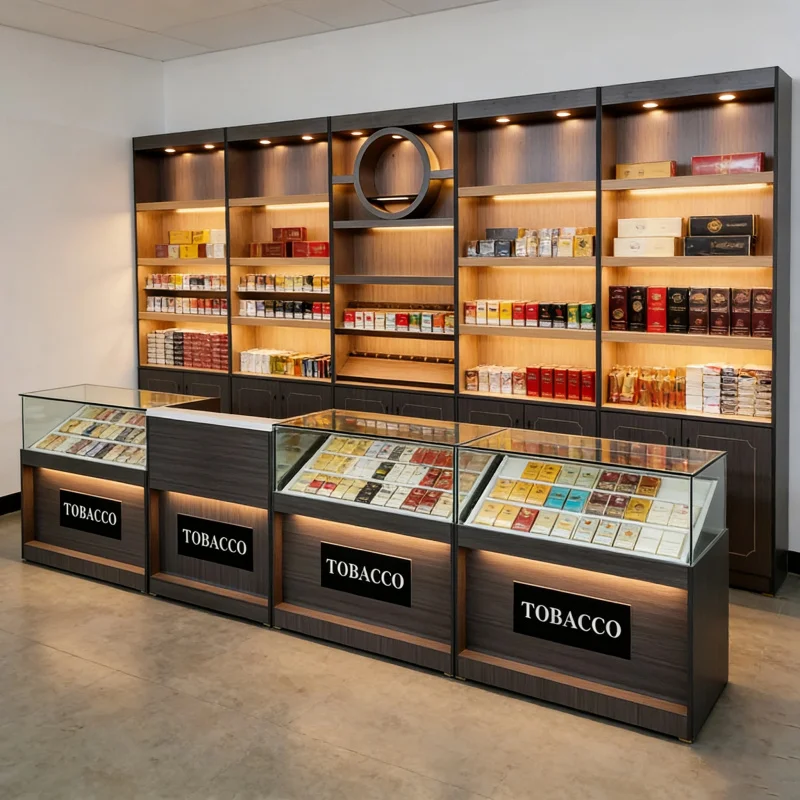 custom.Customized Solid Wood & Steel Display Stand Tobacconist's Luxury Red White LED Counter Adjustable Durable Floor Mount view 2