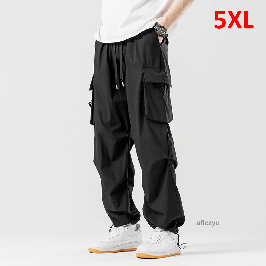 

Solid Color Straight Pants Men Summer Multiple Pockets Cargo Pants Fashion Causal Waterproof Pants Male Elastic Waist Trousers