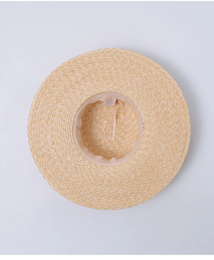 13 cm breiter Krempe, schicke französische elegante Strohhüte für Damen, Hepburn-Stil, Weizenstrohhut, Boater, Damen-Urlaubshut, flacher Strandhut. – Detail 4