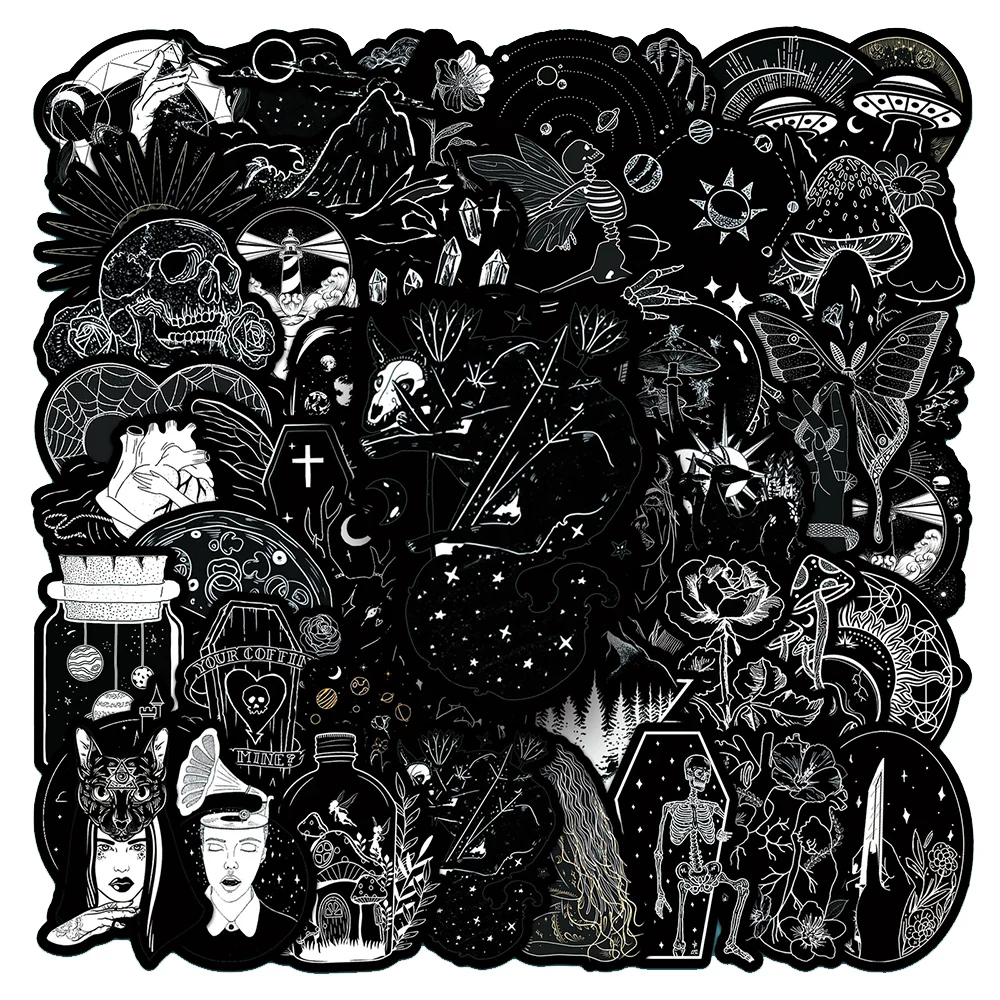 10/30/50 pçs horror escuro preto branco gótico crânio graffiti adesivos diy portátil bagagem capacete legal dos desenhos animados decalques à prova dwaterproof água brinquedos