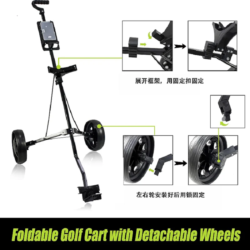 Golf Pull Cart Iron Black Adjustable Golf Trolley Cart 2 Wheels Push Pull Golf Cart Aluminium Alloy Foldable Trolley With Brake