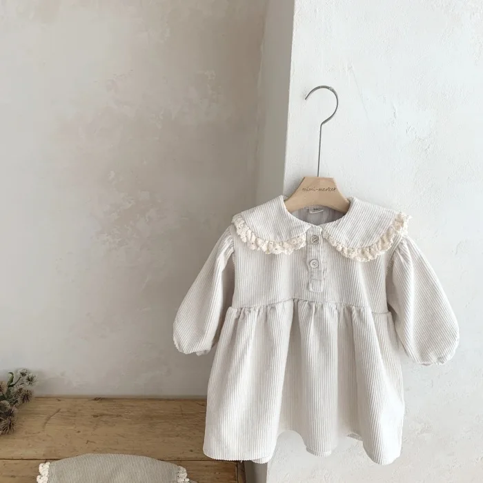 Korean Girls Baby Forest Style Corduroy Dress Versatile and Casual Lace Peter Pan Collar Solid Long Sleeve Dress