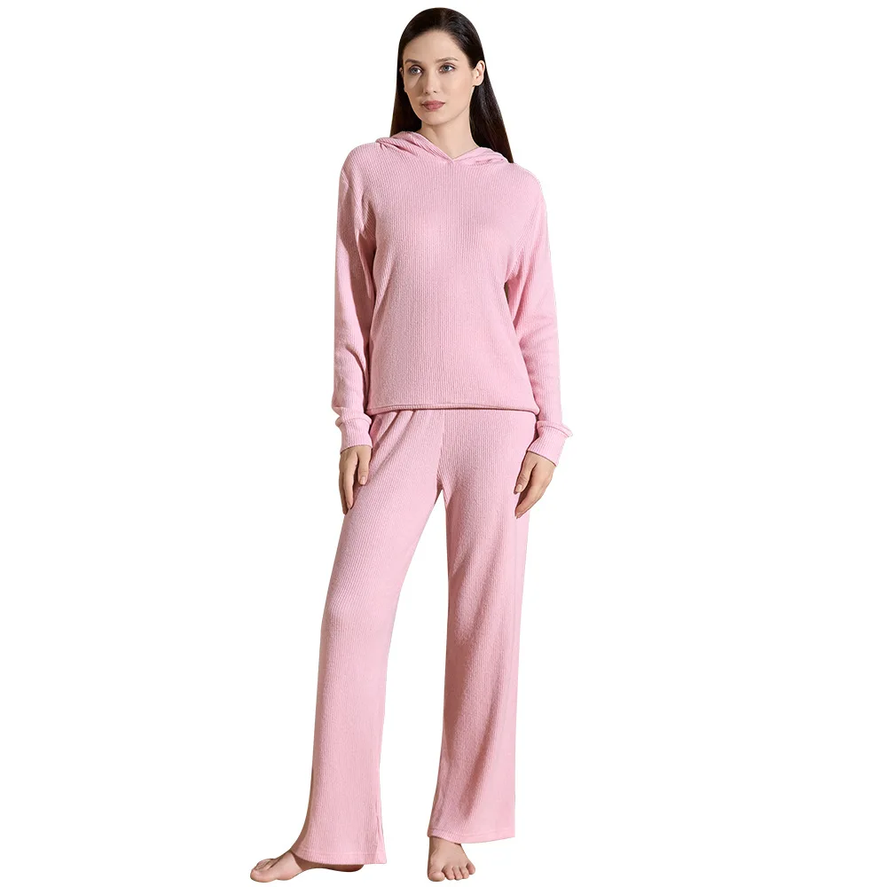 Women Thread Knitted Cotton 2PCS Pajama Set Long Sleeve Pijama Mujer Femme Loose Nightwear Suit Female Casual Hooded Homewear