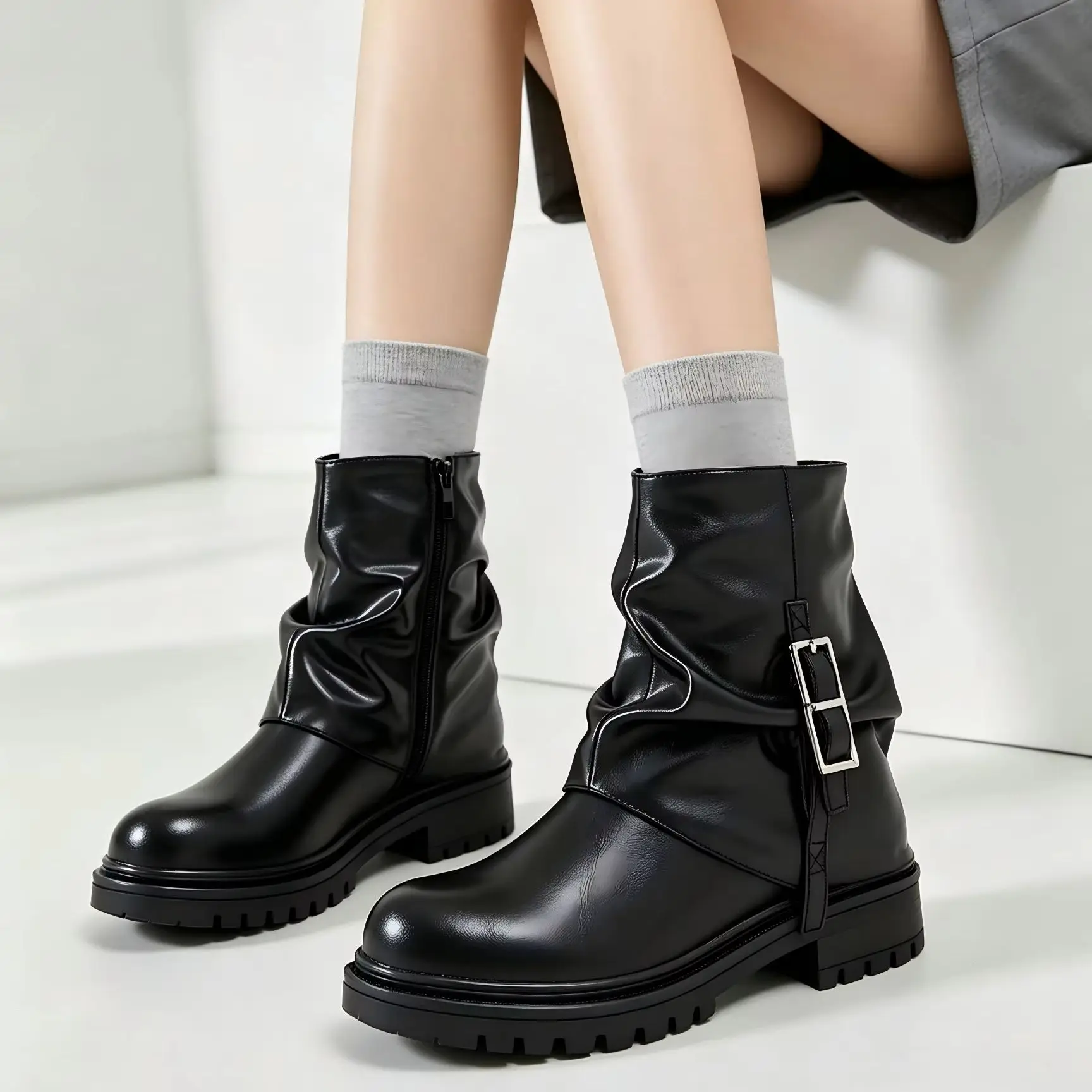 Desai Women Lazy Style Slouch Fold Over Mid Calf Boots,Autumn Winter Platform Thick Sole Boots, Fleece Lined Warm Non Slip