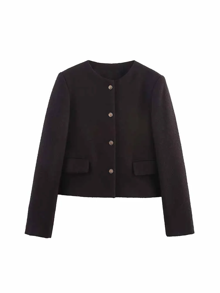 

European and American style autumn new fashion trend simple casual outdoor women's round neck short woolen coat