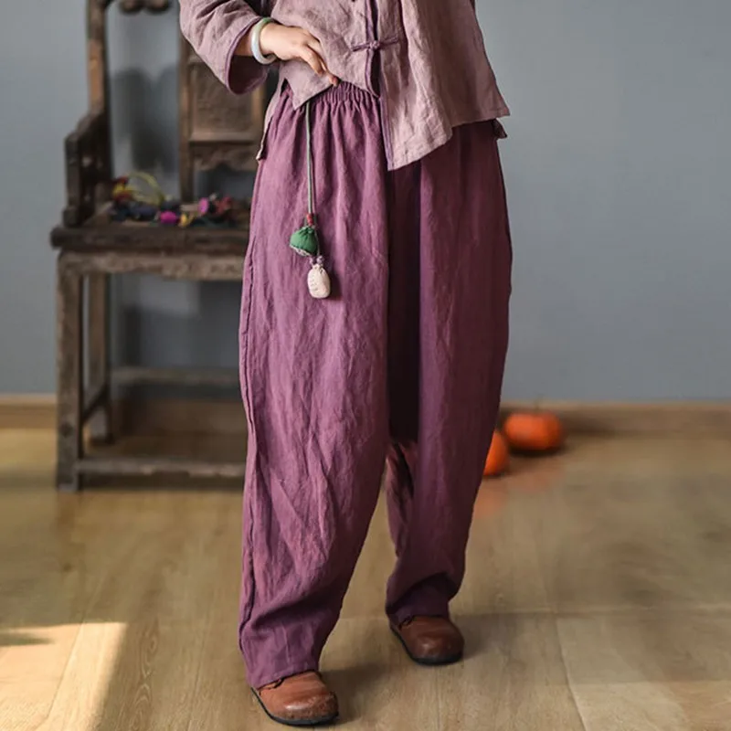 

100% Cotton Linen Casual Pants Women New Arrival 2024 Autumn Vintage Style Solid Color Loose Female Basics Harem Pants M177