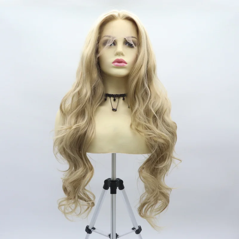 

European and American style women's wig, golden long wavy hair, hand-woven front lace, synthetic high-temperature fiber, full he