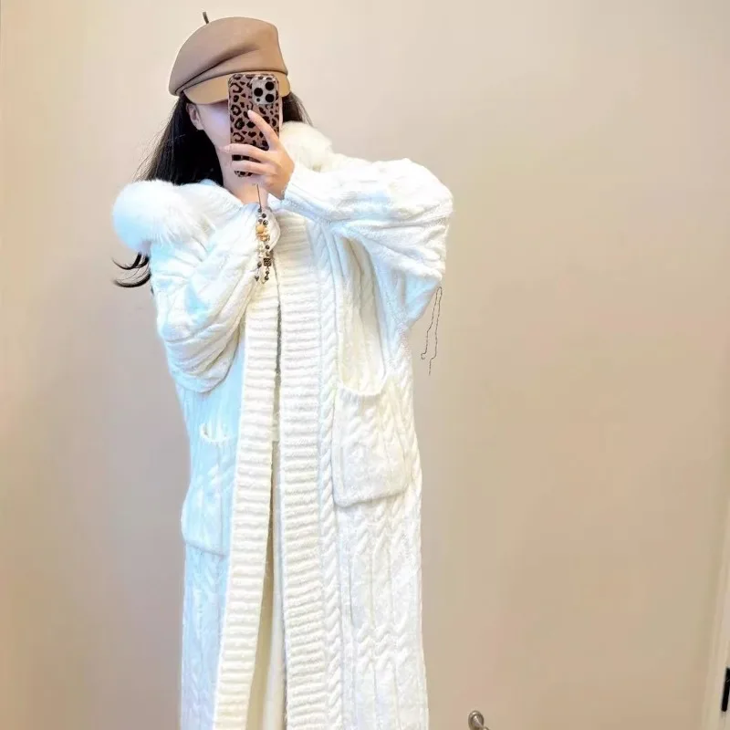 

New Arrival Women Fashionable Temperament Long Sleeve Loose Hooded Thickened Knit Cardigan Coat Winter Warm Elegant Sweater