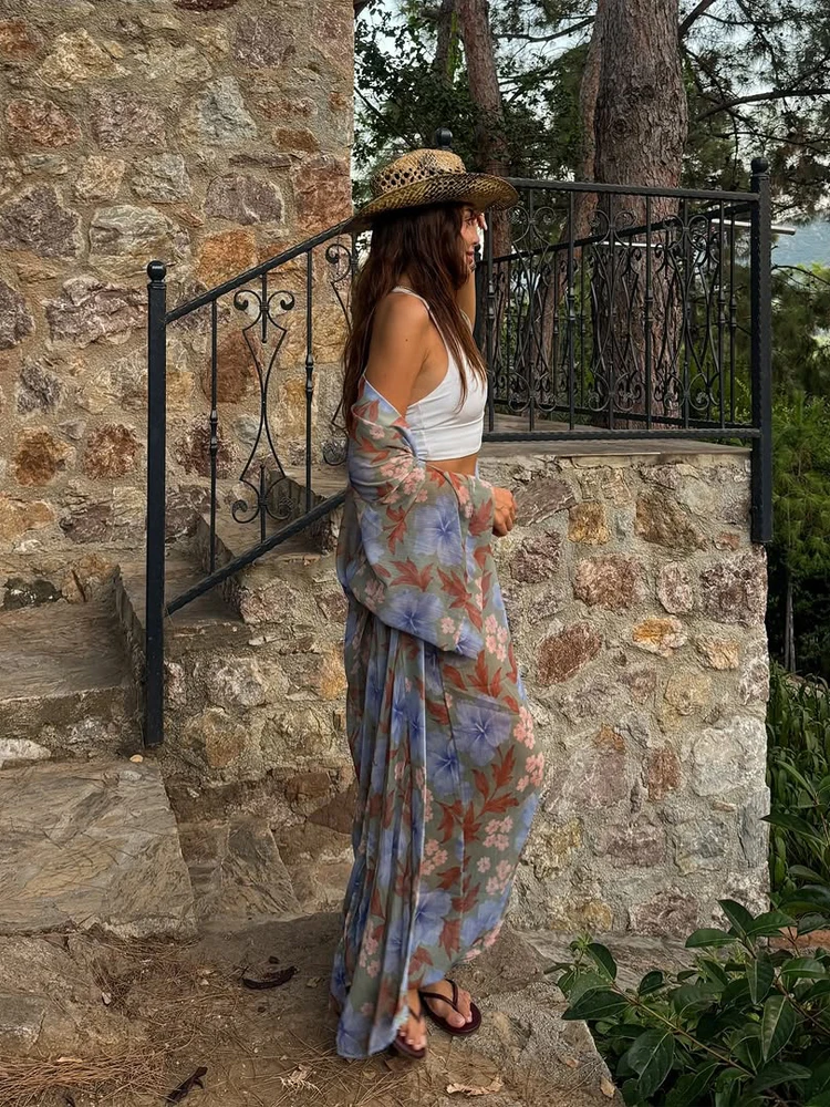 

Floral Print Chiffon 2 Piece Set Open Front Kimono Top Women Wide Leg Pants Lady Elegant Summer Fashion Beach Vacation Outfit