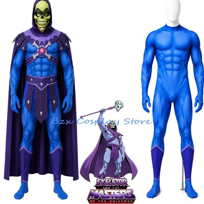 Anime Universe Man Cosplay King Skeletor Cosplay Costume Gray Skull Men Jumpsuits Cloak Prop Mask Set Halloween Play Outfit