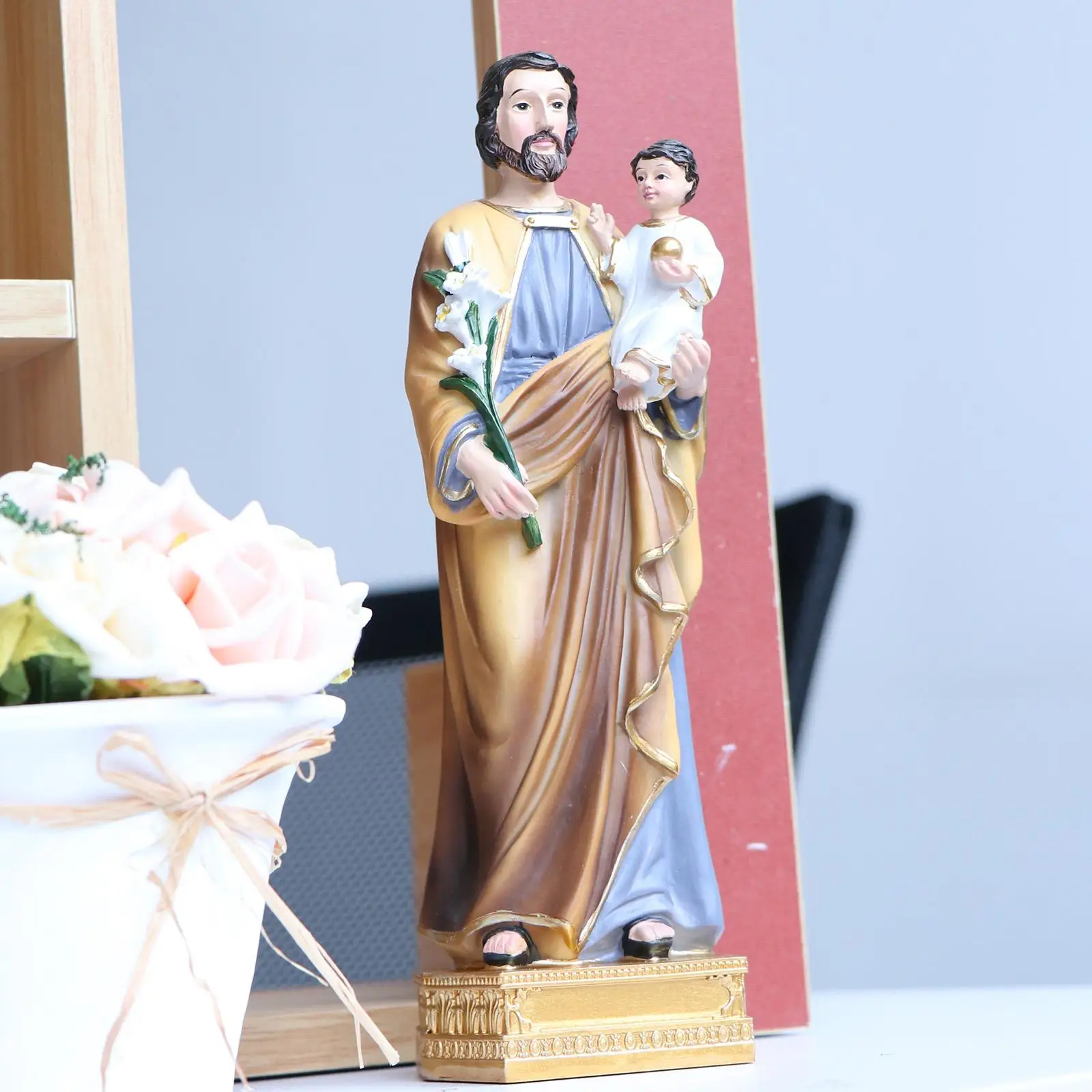 St. Joseph and Child on Base Resin Religious Statue Decor Collectibles