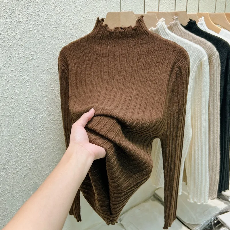 Autumn Winter Chic Ruched Sweaters Women Fashion Turtleneck Pullover Slim Long Sleeve Knitted Jumpers Soft Warm Pull Femme Top