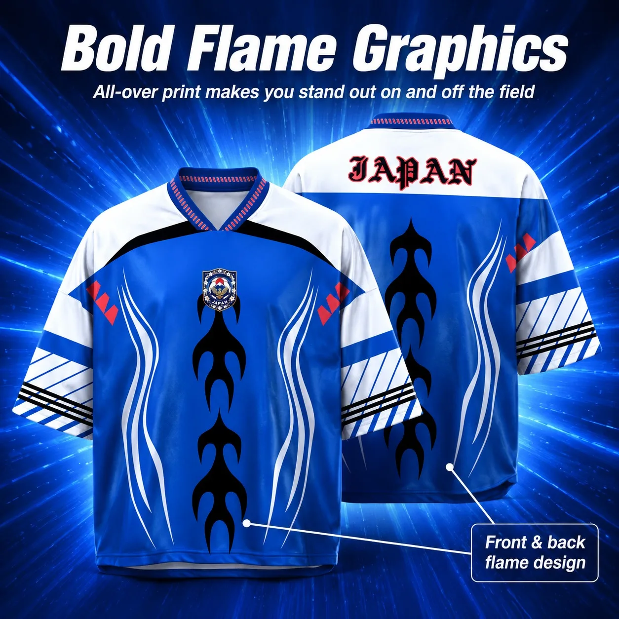 Retro Blue And White Samurai Japanese Football Clothes With Black Flame Pattern Print, Personalized Sports Fan T-shirt