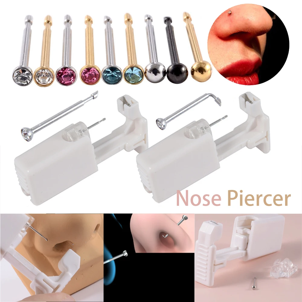 1-11PCs Easy Use Disposable Sterile Nose Piercing Unit Bent Nose Piercing Gun Home Use NO PAIN Piercer Machine with Crystal Stud