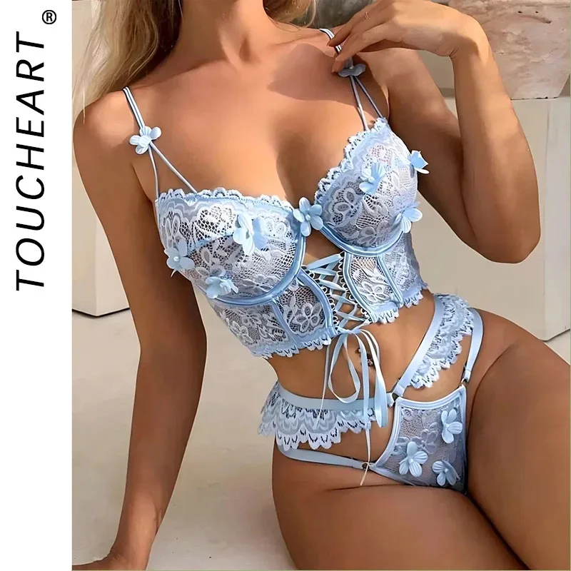

Toucheart Sexy Lingerie Strap Underwire Lace Bra For Women Sexy Beaded 3D Flower Hollow Out See-through Lace Up Underwear Set