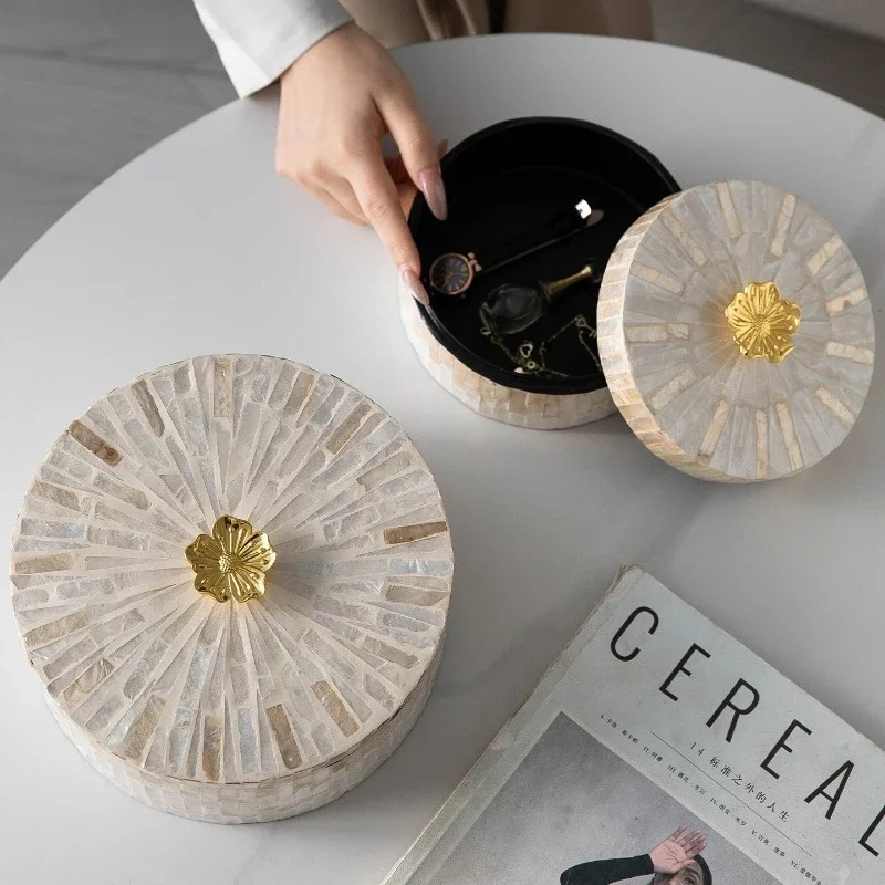 Europe Style Cream Aesthetic Shell Jewelry Box, Round Trinket Case with Lid & Handle, Boho Vanity Table Decoration Organizer Use