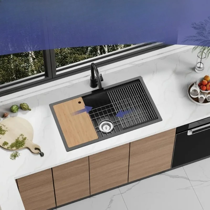 32x19 Stainless Steel Undermount Single Bowl Sink with Built-in Workstation and Accessory Options