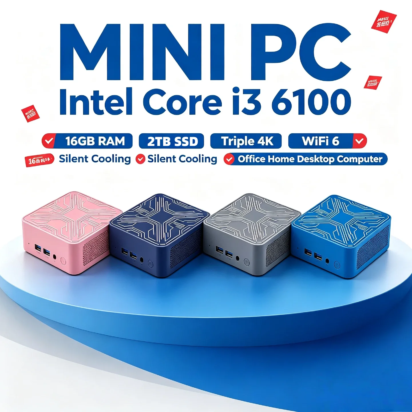Intel Core i3 6100 Mini Desktop 16GB DDR4 2TB NVMe SSD Triple 4K Output High Performance WiFi6 BT5.2 Office Home Pro Max Unit