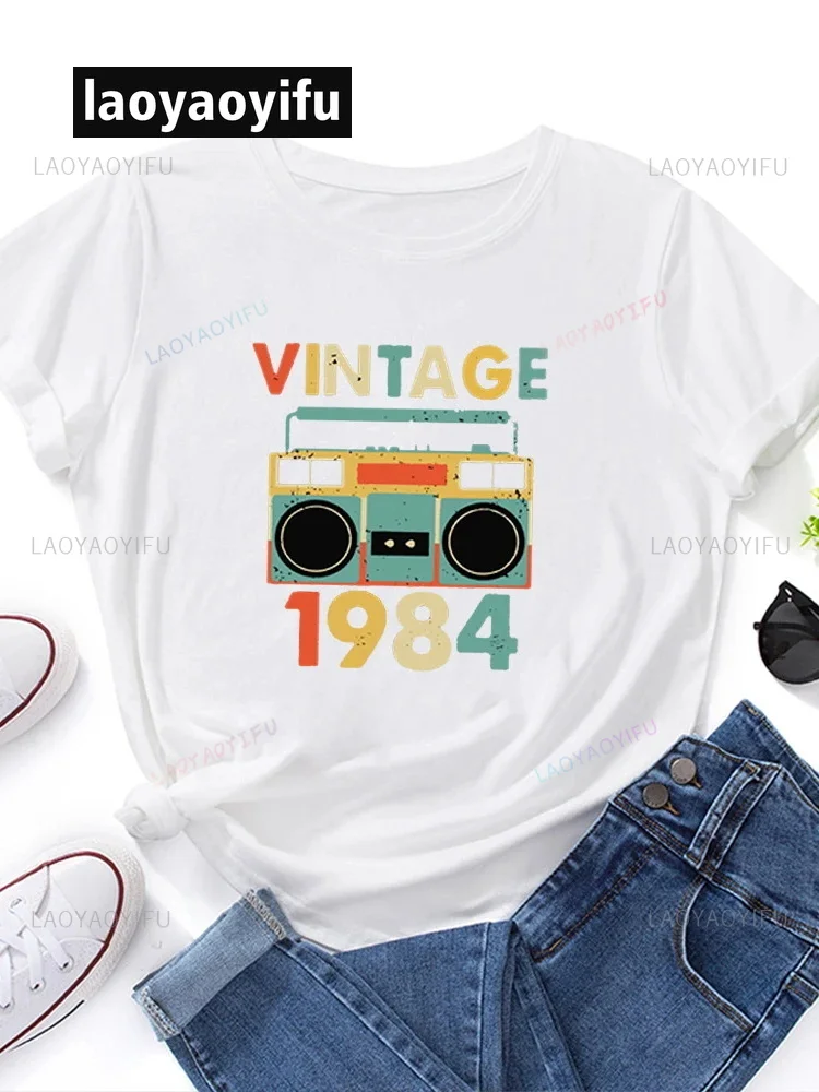 Vintage 1984 Recorder Print T-Shirt Women Short Sleeve O-Neck Loose Ladies Tee Shirt Tops Funny Retro Clothes Camisetas Mujer